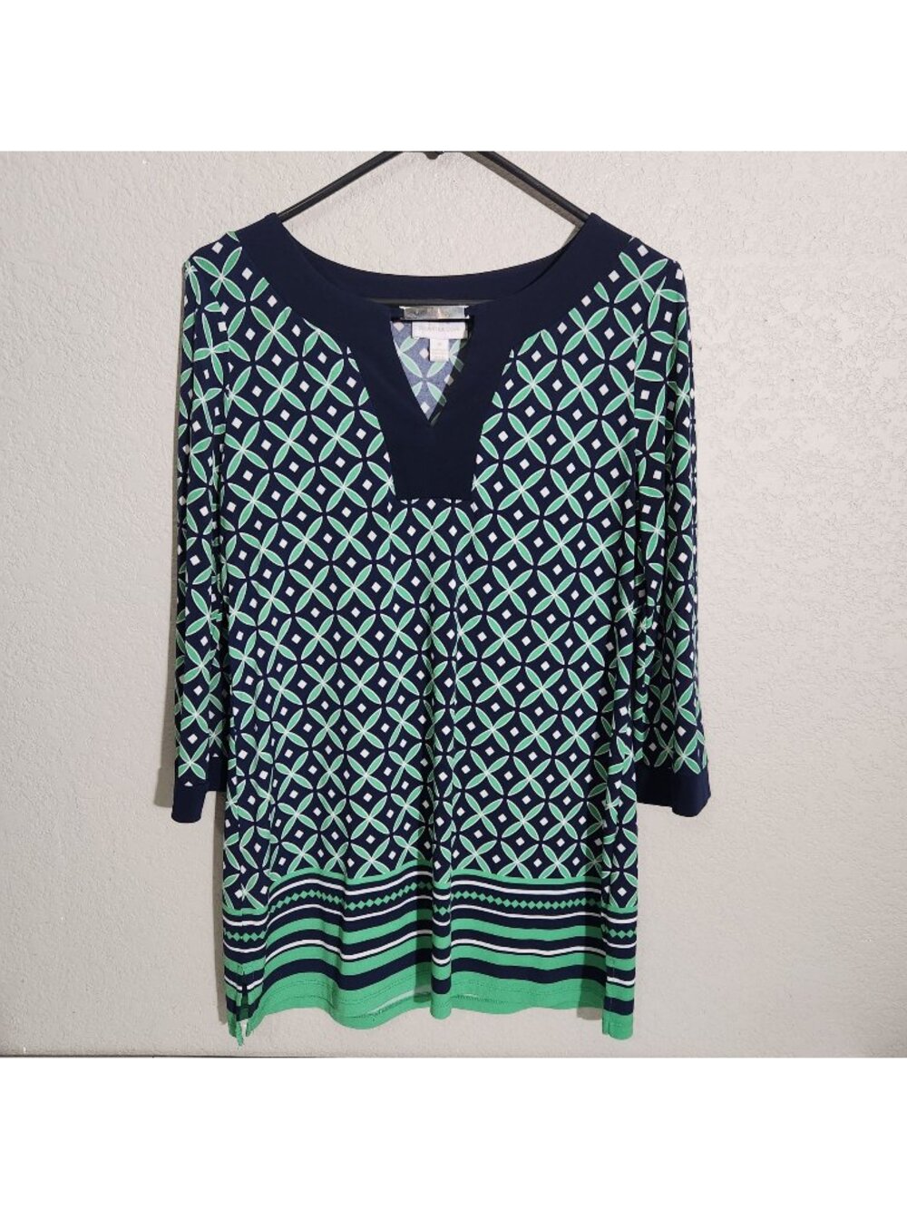 Charter Club Dress boho 3/4 Sleeve Tunic M Navy Green